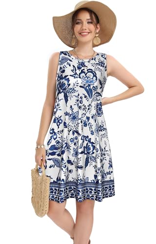 Image of elescat Women's Summer Dresses 2026 Beach Casual Sleeveless Floral Print Tank Loose Sundress with Pocket