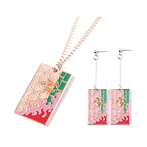 Anime Kamado Nezuko Hanafuda Earrings Necklace Set - Accessories for Kimetsu No Yaiba Cosplay