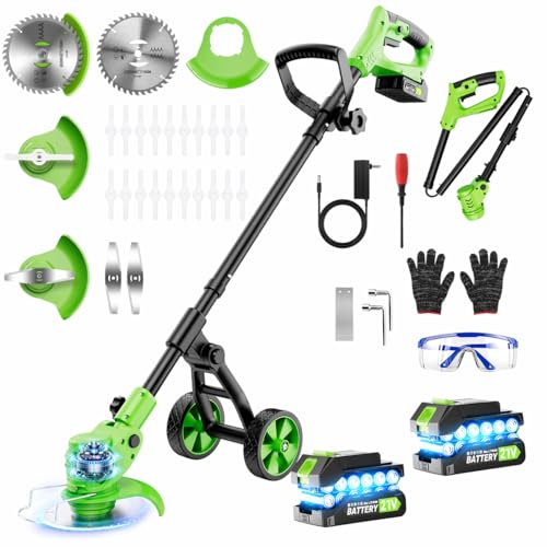 Debroussailleuse Électrique sans Fil avec Roues, Coupe Bordure Multifonction avec 2 Batteries et Chargeur, 3 Types de Lames, Outil de Jardin Idéal pour Pelouse, Jardins