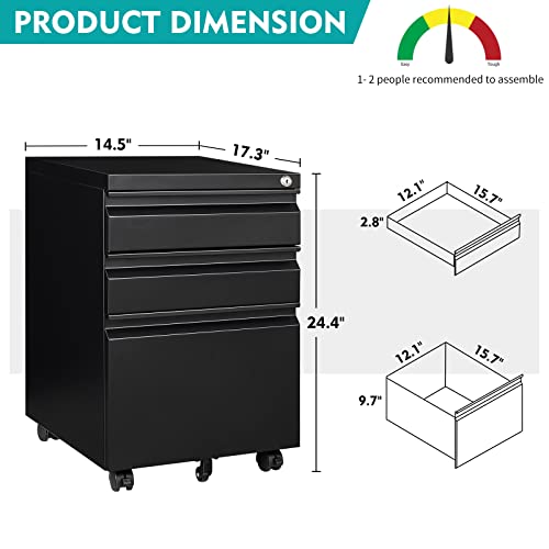 Miiiko Filing Cabinet 3 Drawers On Wheels Under Desk, Unassembled Black Metal Rolling File Cabinet For Home Office #TOP2