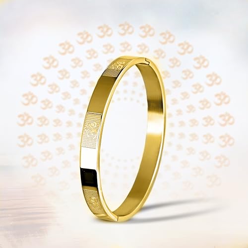 Image of MEENAZ Stainless Steel Aum Bracelet for Men Stainless Steel | Om Kada for men Hindu for Boys Gold plated Kadas | Waterproof, Anti-tarnish Bracelets, Rust-free, Skin friendly | 8 mm