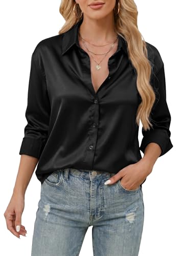 Image of Stamain Women's Satin Blouse Silk Black Long Sleeve Button Down Shirt Casual Ladies Blouses Tunic Tops for Work Office Business M