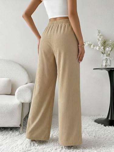 Image of SMOWKLY Authentics Women's Trendy Casual Corduroy Stretchable Baggy Loose Korean Trouser with Pockets || High Rise Elastic Waist Going Out Lounge Pants || Wide Leg Summer Pants for Woman