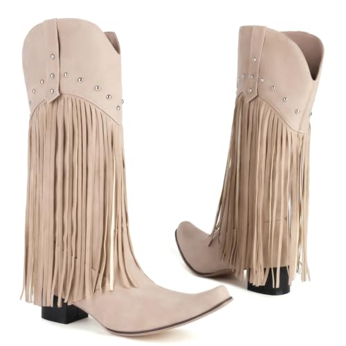 Image of KiutSymo Mid Calf Fringe Boots For Women Cowboy Pointed Toe Chunky Heels Cowgirl Western Tassel Boots