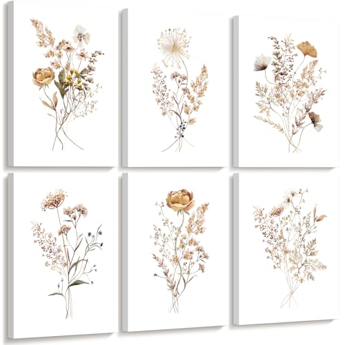 Watercolor Flower Wall Art Set of 6 Botanical Wildflower Wall Decor Boho Neutral Canvas Wall Art Vintage Prints Floral Pictures Minimalist Farmhouse Poster for Room Bedroom 8x10 Inch Framed