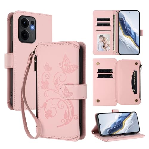 Étui Oppo Reno 13 5G rose avec fentes pour cartes en cuir style portefeuille à rabat