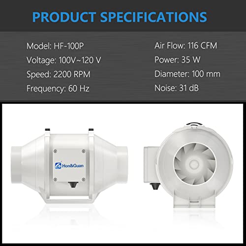 Hon&Guan 4 Inch Inline Duct Fan Exhaust Fan Mixed Flow Inline Fan Hydroponic Air Blower For Home Ventilation Bathroom Vent And Grow Room Ventilation Powerful & Low Noise Inline Fan 116 Cfm (P Series) #TOP2