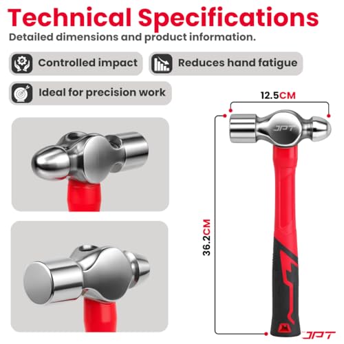 Image of JPT 2 lb Ball Peen Hammer (Ball Pein) | Forged Steel Head with Fiberglass Handle | Heavy Duty Metal Work & Fabrication Tool