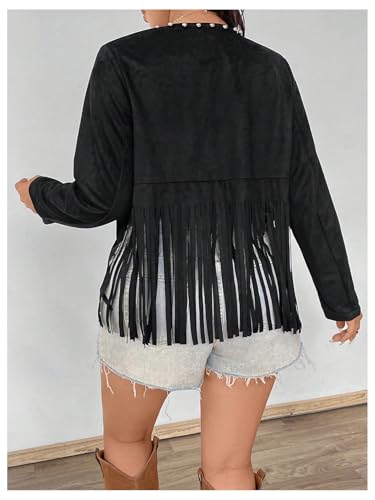 SHENHE Women's Plus Size Fringe Jacket Faux Suede Rivets Open Front Studded Western Cropped Cardigan2