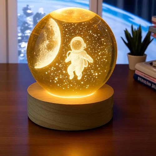 Image of Desidiya 3D Crystal Ball Night Light Space Astronaut Half Moon with LED Wooden Stand, Room Decor Glass Sphere Lamp Night Light Gifts for Women Men Dad Mom Kids