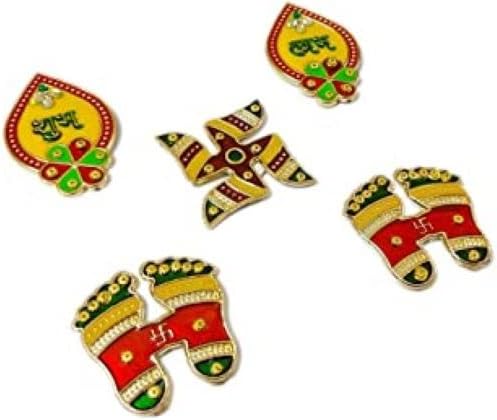 SWASTIK Premium Combo of Designer Leaf Shaped Acrylic Meenakari Shubh Labh Swastika and Laxmi Charan Lakshmi Pagla Sticker in Yellow Multicolor, for Wall, Door, Diwali Decor