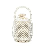 SharPlus White Beaded Pearl Bucket Handbag for Women, Small Tube Clutch Purse Evening Bag for Bridal, Wedding, Party