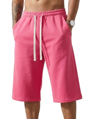 ZUY Men's Baggy Sweat Shorts Cotton Long Below Knee Fleece Capri Shorts 11" Athletic Casual 3/4 Pants with Pockets Pink M
