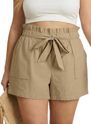 Eytino Plus Size Paperbag Shorts for Women High Waisted Wide Leg Lounge Bottoms with Deep Pockets,2X Apricot
