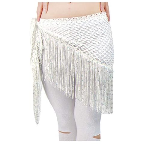 Women Belly Dance Hip Scarf Sequin Tassels Wrap Skirt Waist Chain Tribal Belt - White - One Size Cover