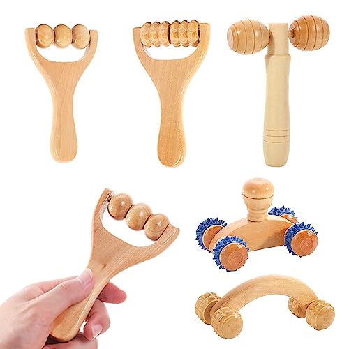 Massage Set Holz,Yiyifor 5er Set Massage Tools Set Holz,Premium Massageroller Set,für Muskelentspannung,Körperformung,Gua Sha Massage,für Nacken,Beine,RüCken,Körper