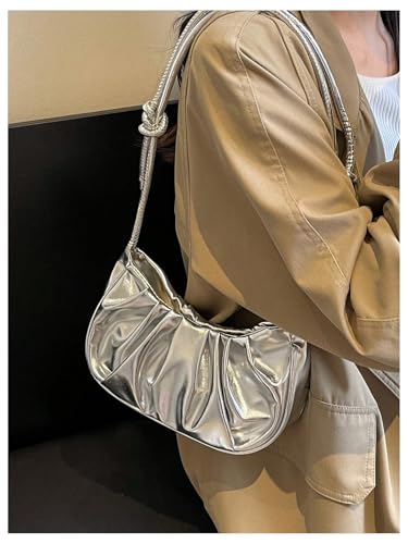 Women's Y2K Metallic Ruched Shoulder Handbags Adjustable Strap Crescent Underarm Bags Purse4