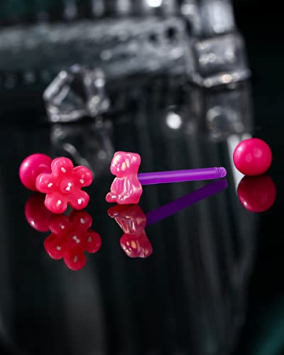 Cocharm 4Pcs 14G Plastic Hot Pink Tongue Rings For Women Flexible Bear Tongue Rings Cute Paw Tongue Barbell 14 Gauge Acrylic Flower Tongue Ring Set Bow Tongue Piercing Jewelry #TOP2