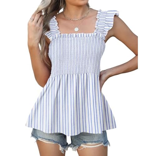 LOMON Womens Tank Tops Fashion Summer Ruffle Flying Sleeve Smocked Blouses Square Neck Sleeveless Shirts Babydoll Shirt