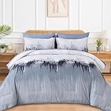 WONGS BEDDING Comforter Set King, Blue 7 Pieces Bed in a Bag Abstract Art Gradient Comforter Dusty Blue Soft Microfiber Bedding with Comforter, Flat Sheet, Fitted Sheet, Pillow Shams,Pillowcases