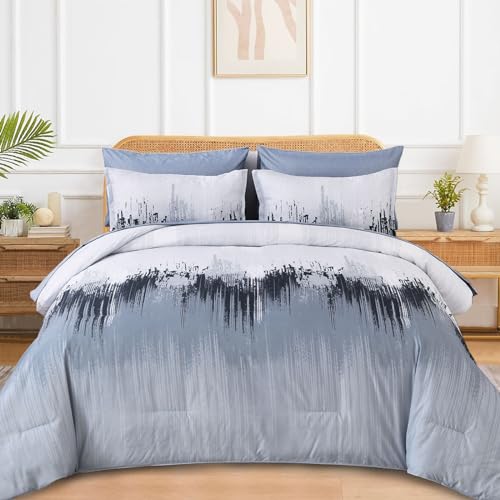 WONGS BEDDING Comforter Set King, Blue 7 Pieces Bed in a Bag Abstract Art Gradient Comforter Dusty Blue Soft Microfiber Bedding with Comforter, Flat Sheet, Fitted Sheet, Pillow Shams,Pillowcases