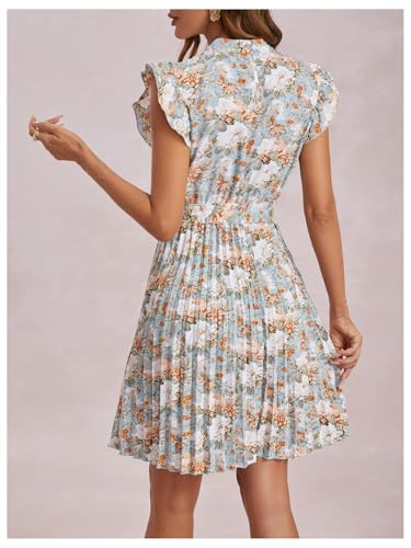Image of Milumia Women's Floral Print Ruffle Cap Sleeve Short Dress Belted Pleated Casual Dresses