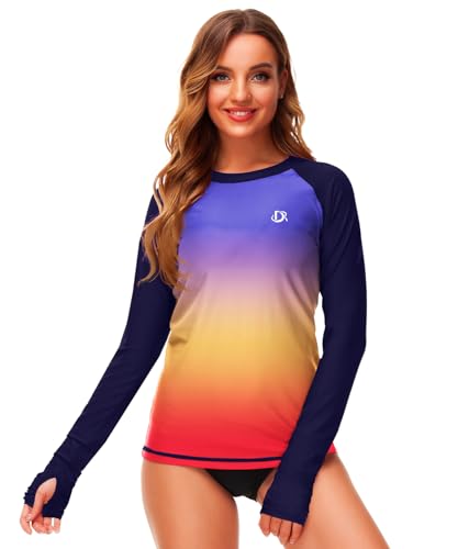 Image of Deerose Womens Gradient Rash Guard UPF 50+ Swim Shirts Surfing Top with Thumb Hole