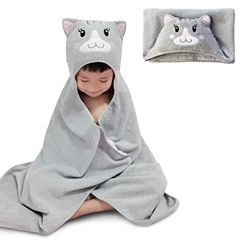 Style Quarters Kids Hooded Bath Towel, Large Hooded Towels for Kids, Cartoon Cat Kids Beach Towels, 100% Cotton Terry Hooded Towel for Kids, Embroidery Toddler Hooded Bath Towel with 24"x50"(Grey)