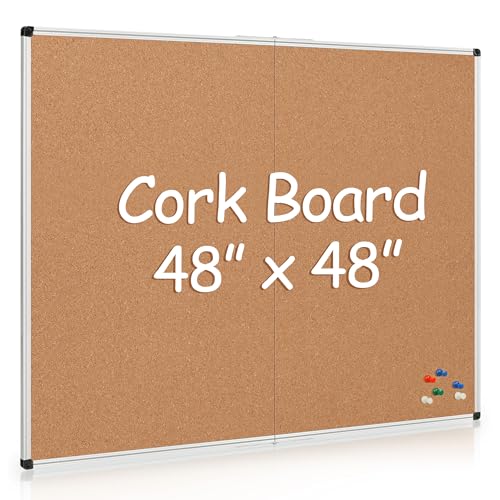 Board2by Extra Large Cork Bulletin Board 48' X 48', Foldable Notice Pin Board for Wall, Silver Aluminum Framed 4'x4' Corkboard, Wall Mounted Noticeboard with 36 Push Pins for School, Home & Office