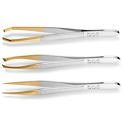 Boé Perel Eyebrow Tweezer Set - Flat Square Tip and Sharp Point Tip Professional Swiss Grip Tweezers Hair Removal Tool, Set of 3