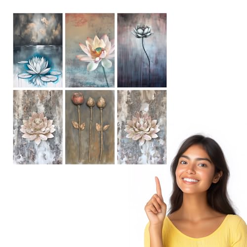 Image of SiddArtify Serene Lotus Flower Art Print Set - Teal Grey and Rose Gold - 300GSM Board - 8x12 Inch - Pack of 6 Wall Room Decoration art Poster Prints