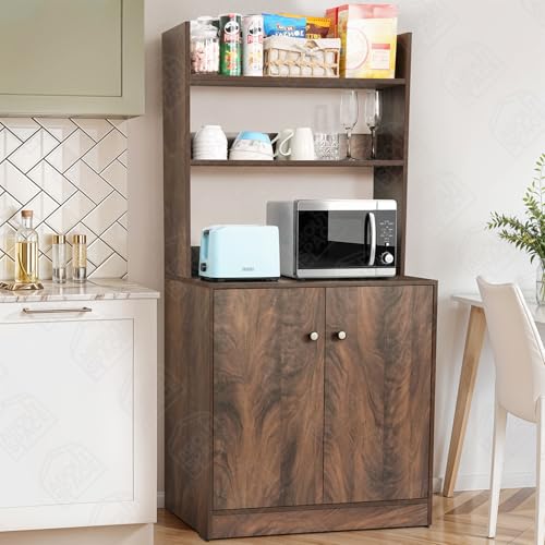 Image of ABOUT SPACE 5 Tier Kitchen Organizer Rack - 5.5 ft Wooden Kitchen Cabinet with 3 Open Shelves & 2 Storage Rack with Door, Easy to Assemble for Home Living Room (Walnut - L 80 x B 40.5 x H 163 cm)