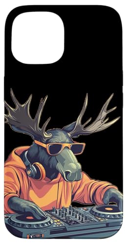 Funny Moose DJ sur la cabine pour une fête avec des wapitis Coque pour iPhone 15