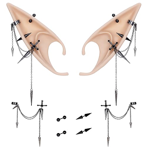 FRESHME 2 Pairs of Fairy Elf Ears with Sliver Piercings - Gothic Elf Ear Cuffs Skull Rose Cross Studs Sterling Earrings