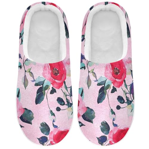 JUNZAN Cartoon Rose Hot Pink Womens House Cotton Slippers Breathable Memory Foam Hotel Slippers for Hotel Christmas Presents 6-7