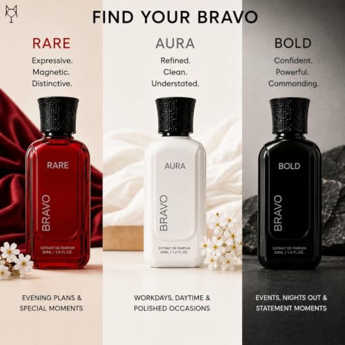 Image of Bravo Premium Extrait De Parfum Luxury Combo Set (3 x 30ml) - Bold (Cognac & Toffee), Aura (Fresh Aquatic Citrus), Rare (Caramel & Vetiver) | Long Lasting Intense Fragrance Gift Pack for Men & Women