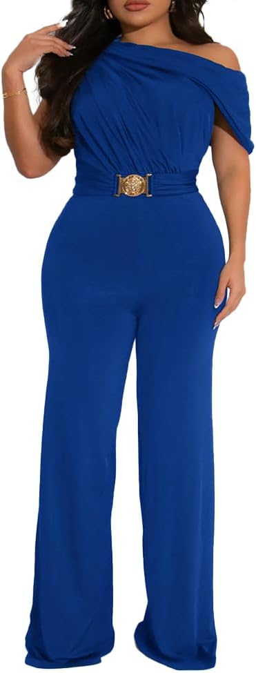 HWP Women's Dressy Jumpsuits Summer Casual Sleeveless Off Shoulder Wide Leg Long Pant Romper