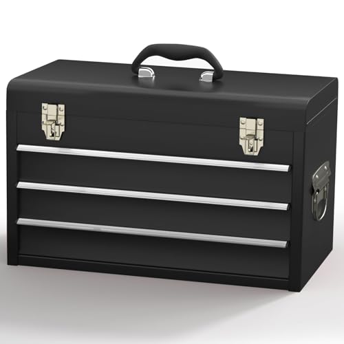 3 Drawer Steel Tool Box, Madertool Portable Metal Toolbox with Top Storage Tray and carrying Handle, Multi-Function Tool Storage with Anti-slip Liner for Garage, Home, or Workbench, Black
