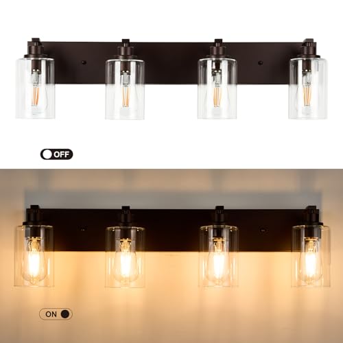 Image of 4-Light Bathroom Light Fixtures Modern ORB Vanity Lights | Easy to Install Clear Glass Shades, Wall Mount Up or Down, E26 Socket, Hardwired, 122V