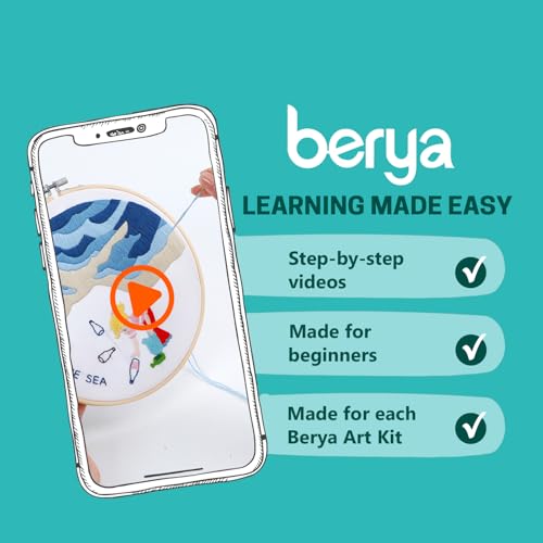 Image of BERYA Embroidery Kit for Adult Beginners, Sea Embroidery Kit with Step-by-Step Instructions and Video, Printed Cloth, 7.87 inch Hoop, Display Stand, Color Threads and Tools for Craft Lover(BEH001)