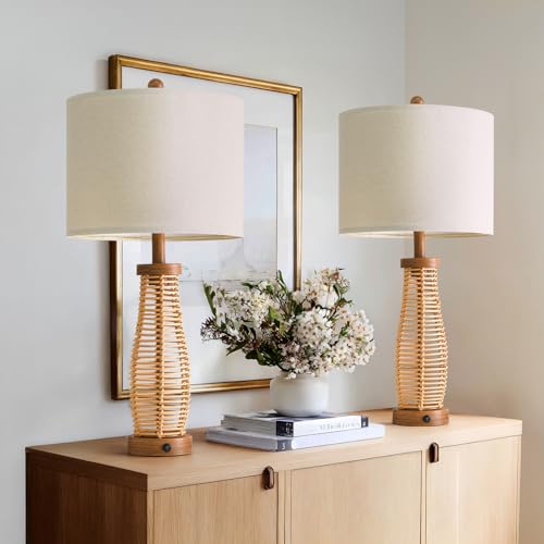 Image of OYEARS 28 inch Table Lamps Set of 2 with Dual Night Lights, Bedside Lamps for Bedroom, Boho Lamp for Living Room, Rattan Table Lamp with Linen Shade, Farmhouse Lamp with Wood Grain Finish (Bulb Included)