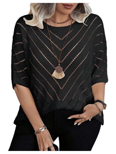 Women's Plus Size Crochet Sweater Hollow Out Lightweight Sweater Crew Neck Half Sleeve Summer Spring Autumn Knit Top