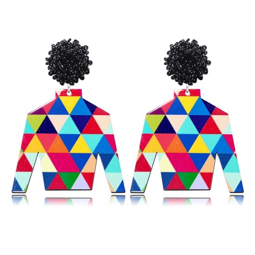 Kentucky Derby Earrings Derby Riding Suit Earrings for Women Acrylic Western Colorful Checkered Jacket Earring Derby Horse Racing Outfits Accessories (Black)
