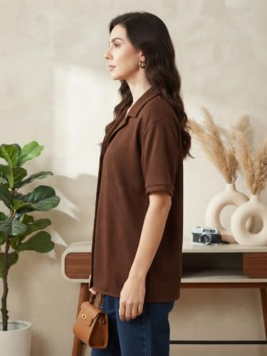 Image of Leriya Fashion Shirts for Women | Cuban Collar Textured Half Sleeve Button-Down Casual Shirt | Relaxed Fit Shirt Everyday Office Wear & Vacation Wear