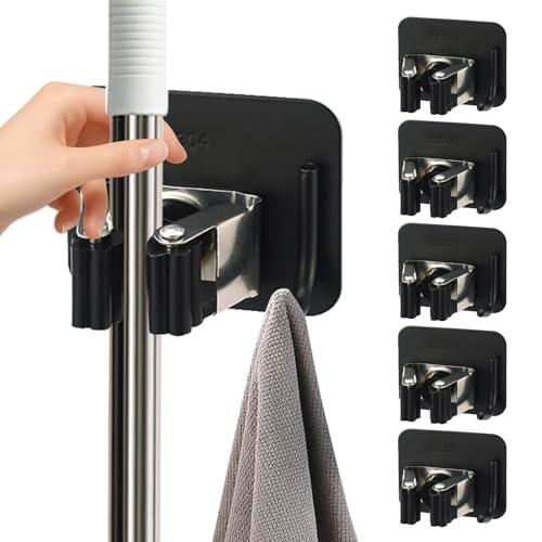 Vlecexs 6 Pièces Porte Balai, Accroche Balai Mural, Support D'outils de Ménage, Mop Support Avec Crochets Sans Percage pour Cuisine Salle Garage Jardin (Noir)