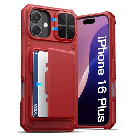 ATATOO for iPhone 16 Plus Case with Card Holder (Store 3-5 Cards) [RFID Blocking] & Slide Lens Protector, Military Grade Protection, Rugged Silicone Wallet Cover for iPhone 16 Plus 6.7", Red