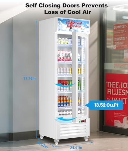 Image of Tylza Commercial Refrigerator with Glass Door Display Beverage Fridge, 13.52 Cu Ft Upright Beverage Cooler Merchandiser with Rebound Door, Fast Cooling, Low Noise, White