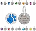 Personalised Engraved Pet ID Tags for Dogs & Cats - Customised with Your Choice of Text on a Round Glitter Paw Print Stainless Steel Tag - Choice of Sizes & Colours (Blue, Standard - 25mm)