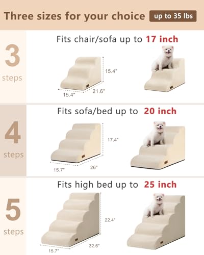 Image of Aodisman Dog Stairs for High Beds,5 Step Pet Ramp for Dogs and Cats,22.4 inch H | High-density foam dog steps for beds and window sills, with a non-slip bottom for puppies and senior cats,comfortable,Beige