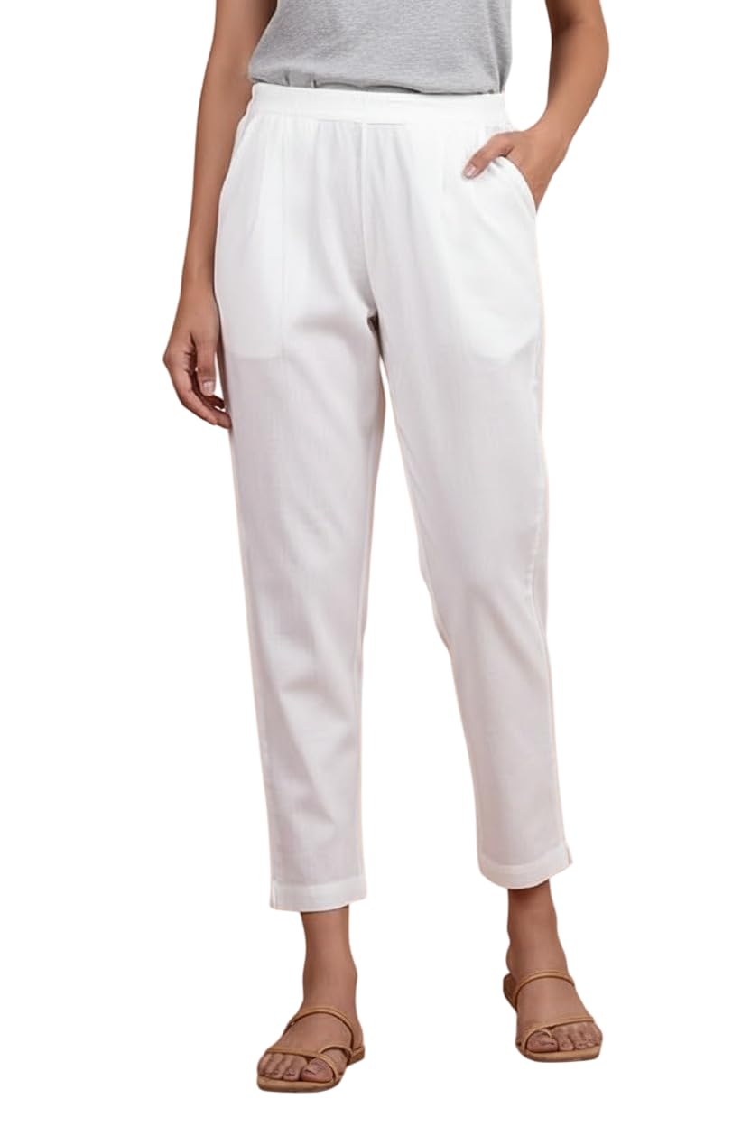 mirayya Women Cotton Casual Straight Trouser Pants | Regular Fit Semi-Elastic Waist Bottoms for Office & College with Side Pockets-picture-33